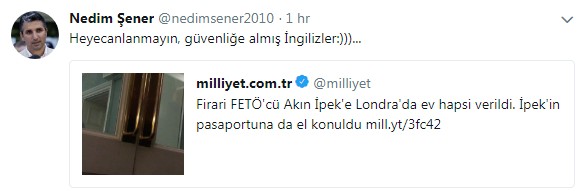 Nedim Şener'den Akın İpek tweeti